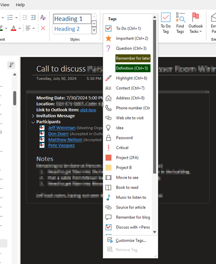 OneNote tags OneNote tags
