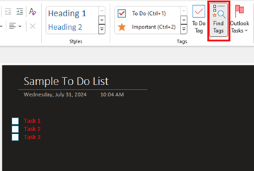 OneNote find tags screen OneNote find tags screen