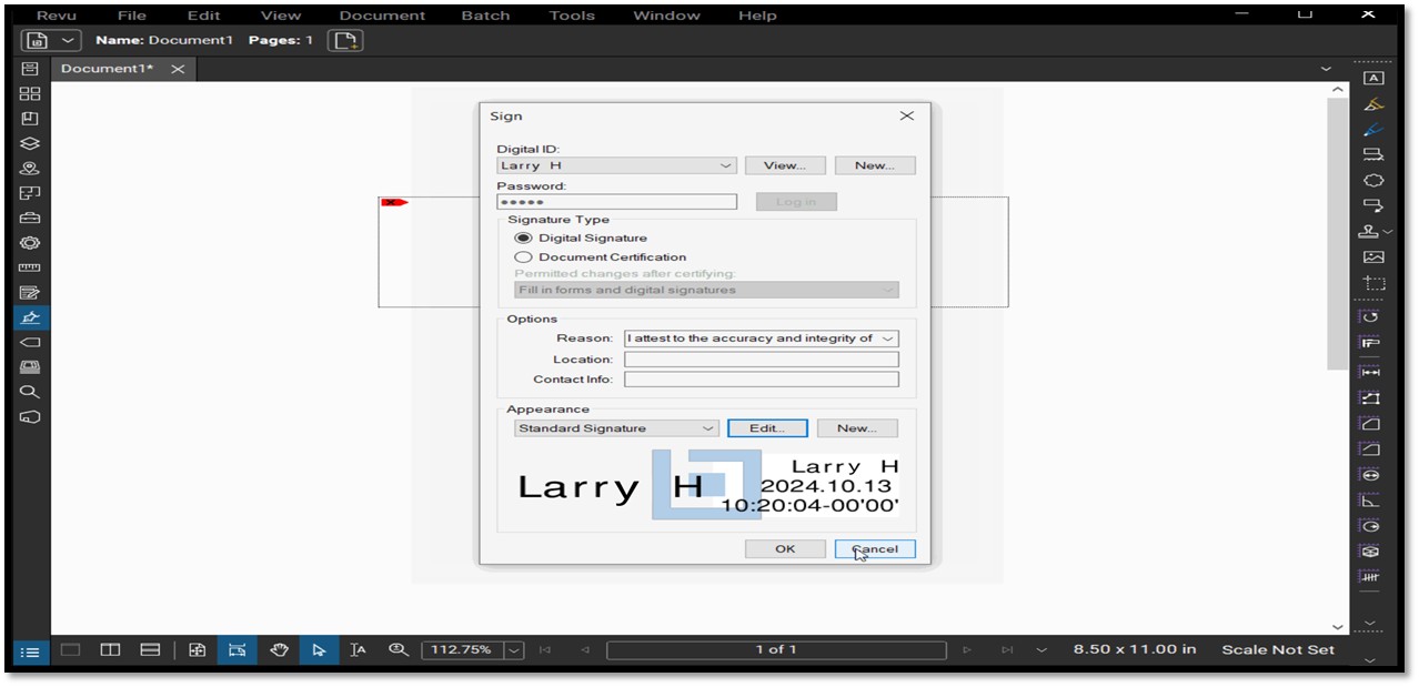 Bluebeam Revu screen for Digital Signatures