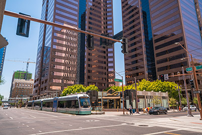 A pedestrian's view of the financial district in downtown Phoenix, AZ.