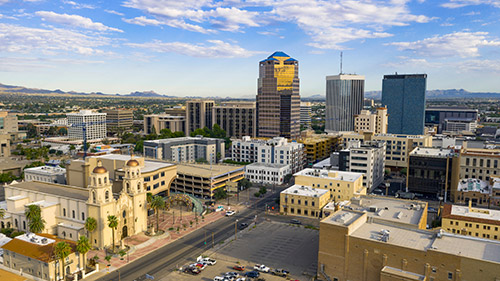 An aerial perspective of downtown Tucson, AZ.